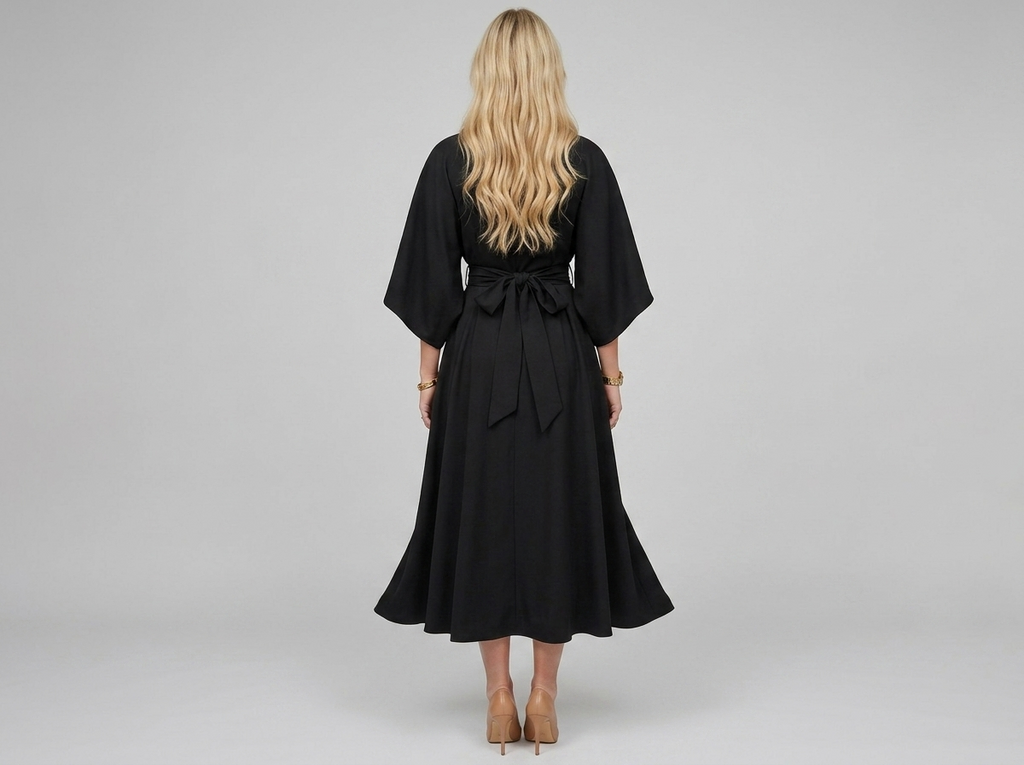 Batwing Sleeve Belted Midi Dress – Loose Fit Elegant Solid Color Dress