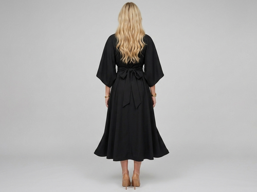 Batwing Sleeve Belted Midi Dress – Loose Fit Elegant Solid Color Dress