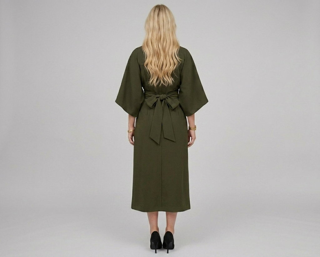 Batwing Sleeve Belted Midi Dress – Loose Fit Elegant Solid Color Dress