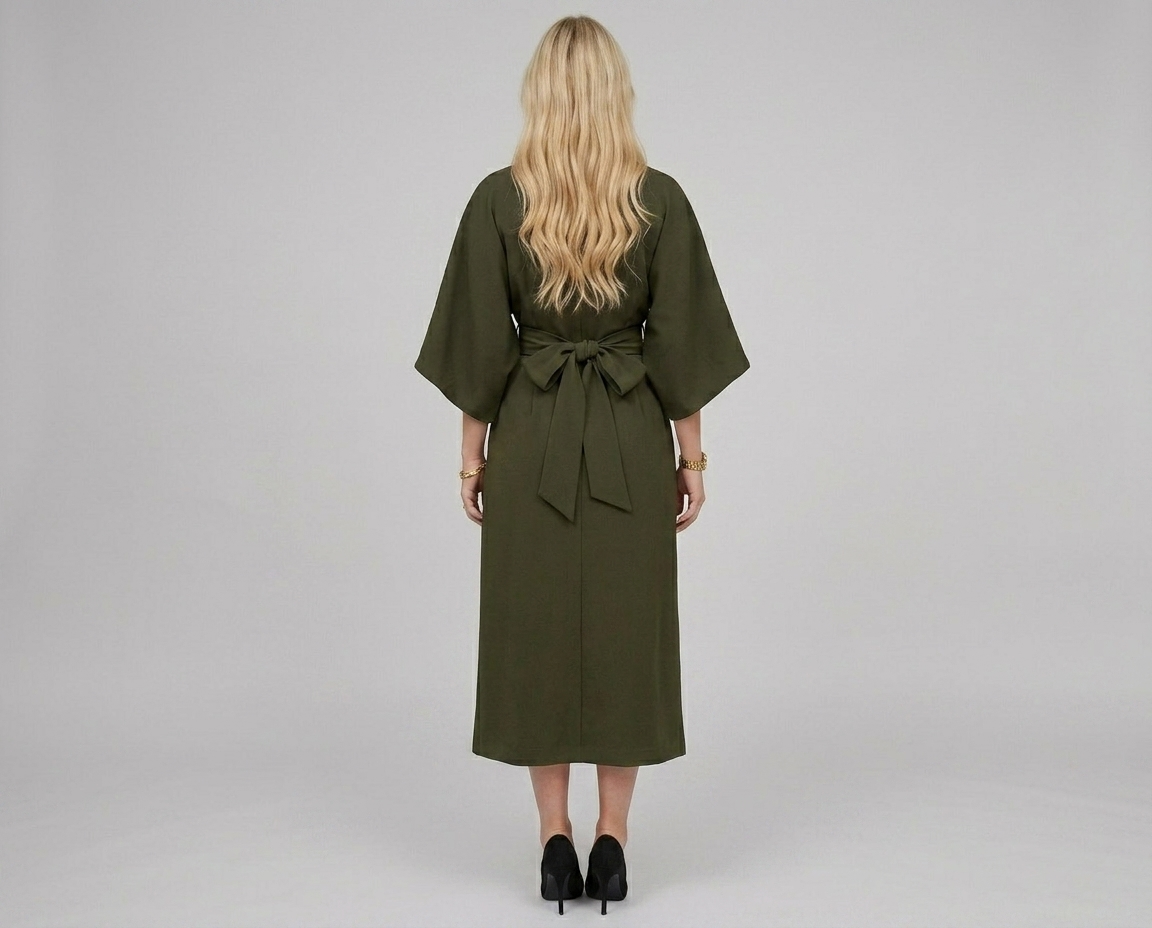 Batwing Sleeve Belted Midi Dress – Loose Fit Elegant Solid Color Dress