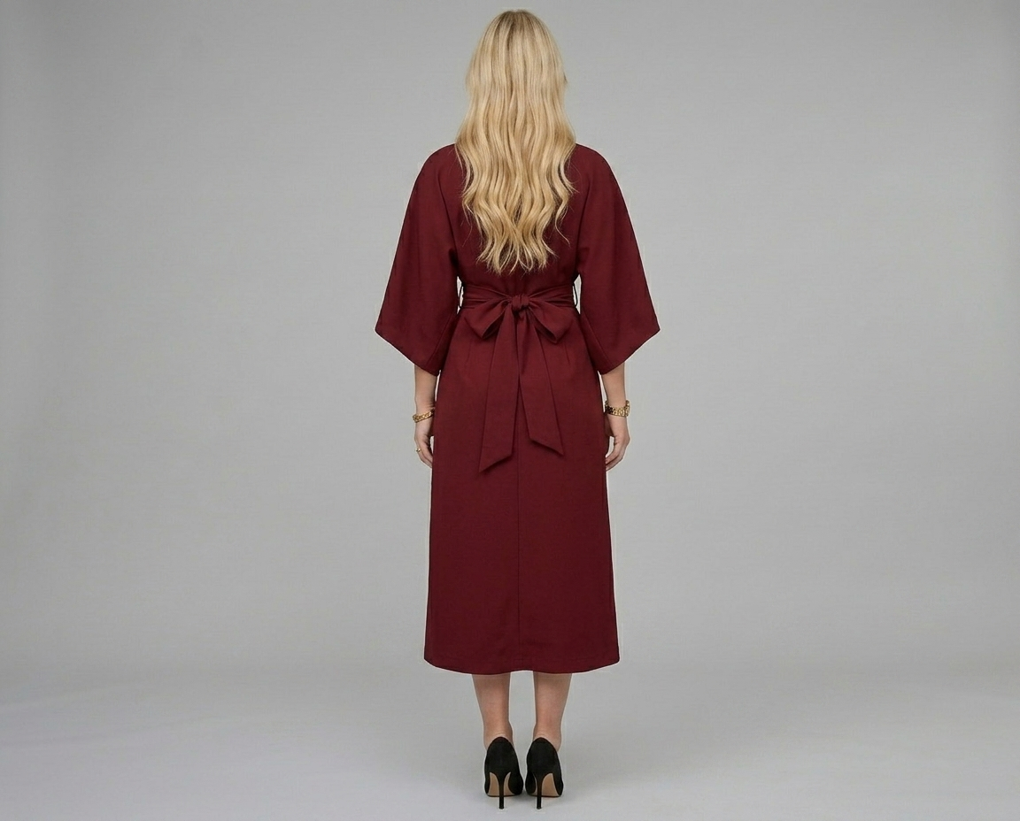 Batwing Sleeve Belted Midi Dress – Loose Fit Elegant Solid Color Dress