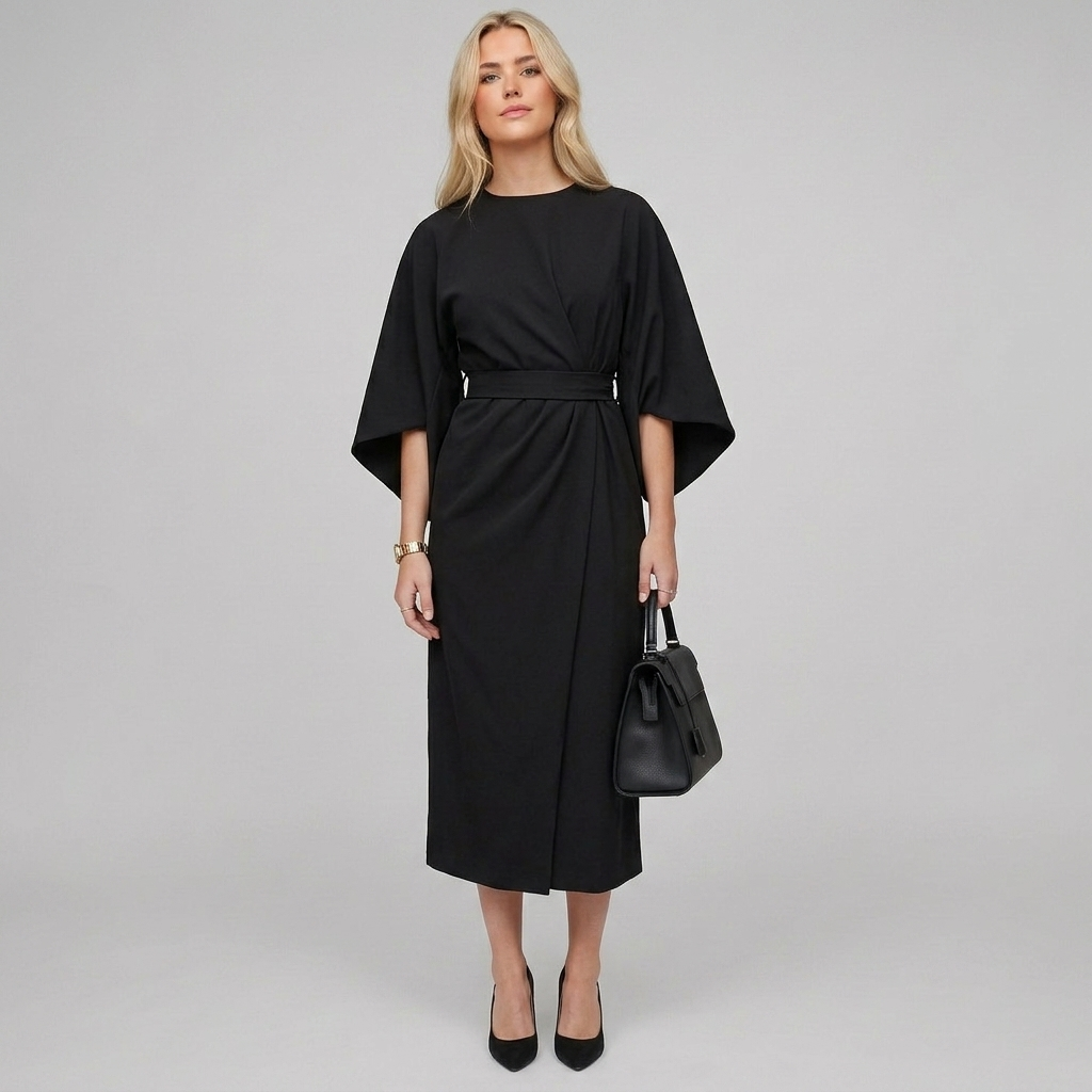 Batwing Sleeve Belted Midi Dress – Loose Fit Elegant Solid Color Dress