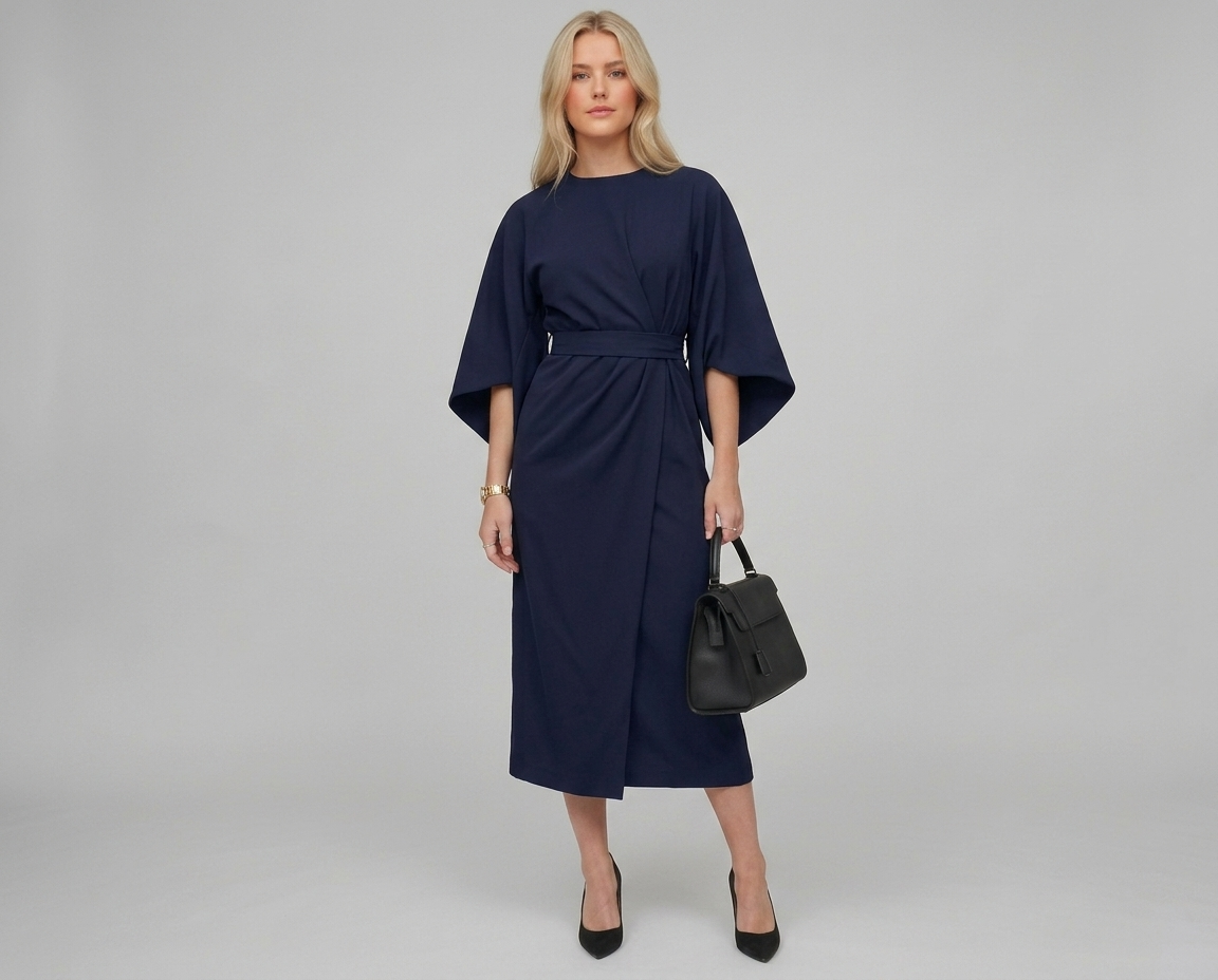 Batwing Sleeve Belted Midi Dress – Loose Fit Elegant Solid Color Dress