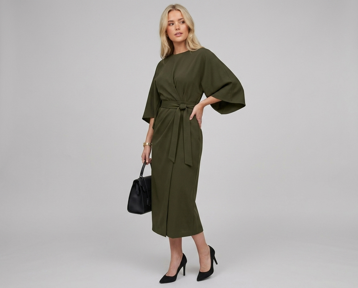 Batwing Sleeve Belted Midi Dress – Loose Fit Elegant Solid Color Dress