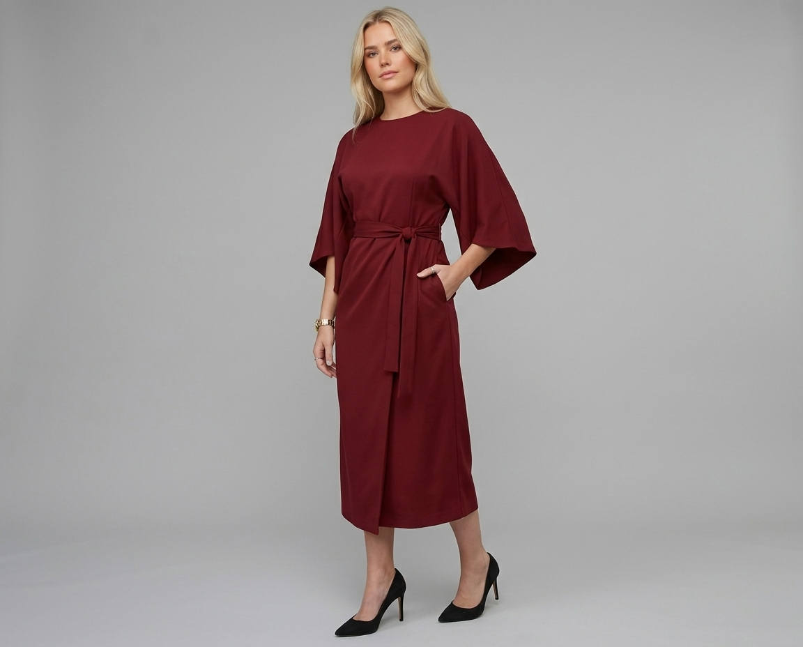 Batwing Sleeve Belted Midi Dress – Loose Fit Elegant Solid Color Dress