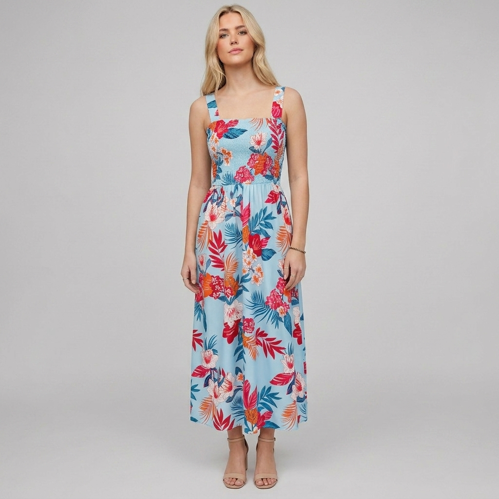 Floral Corset Midi Dress – Sleeveless Summer Beach Dress