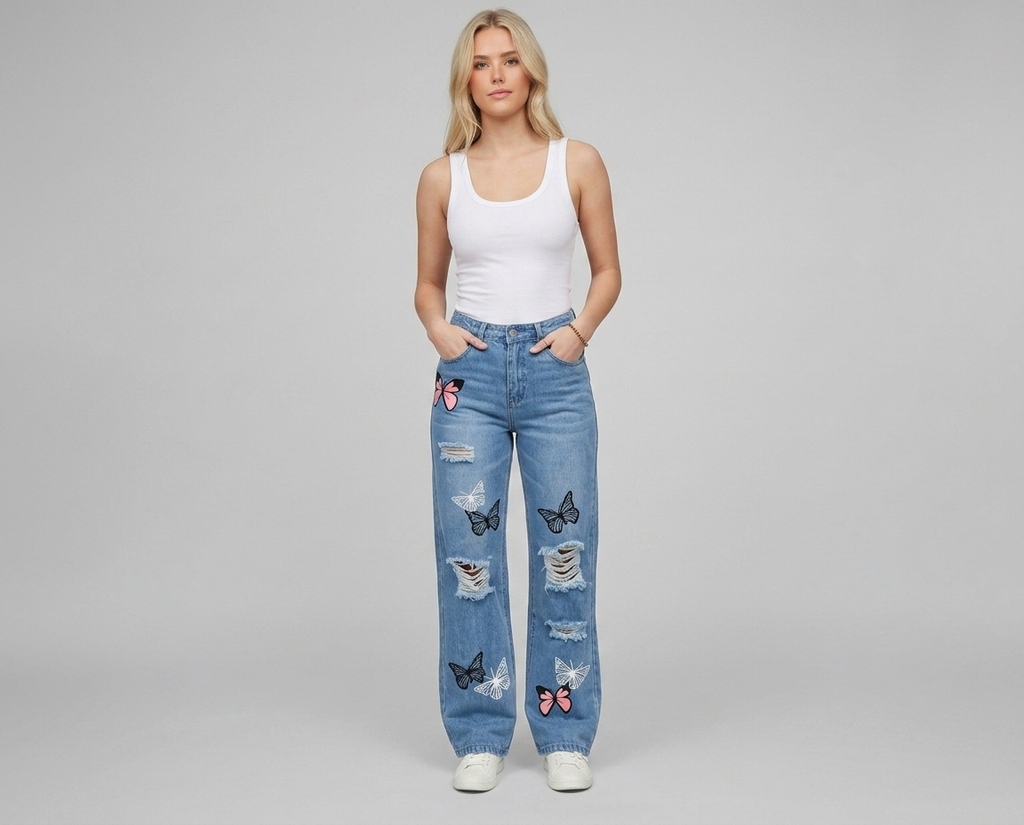 High Waisted Butterfly Print Jeans – Ripped Straight Leg Denim Pants