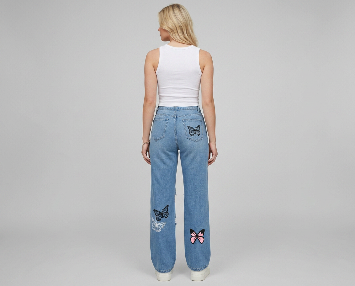 High Waisted Butterfly Print Jeans – Ripped Straight Leg Denim Pants