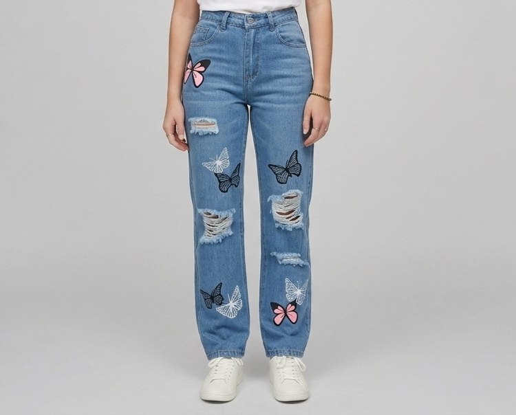 High Waisted Butterfly Print Jeans – Ripped Straight Leg Denim Pants