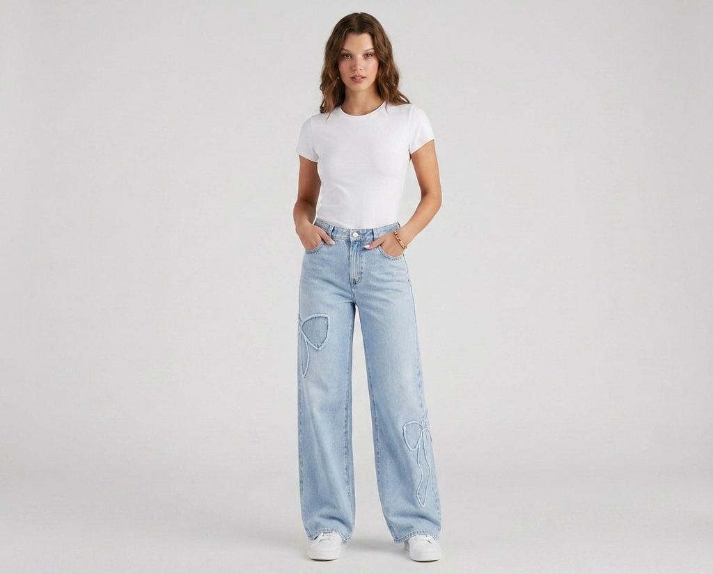 Bow Appliqué Wide Leg Jeans – Light Wash Baggy Denim Pants