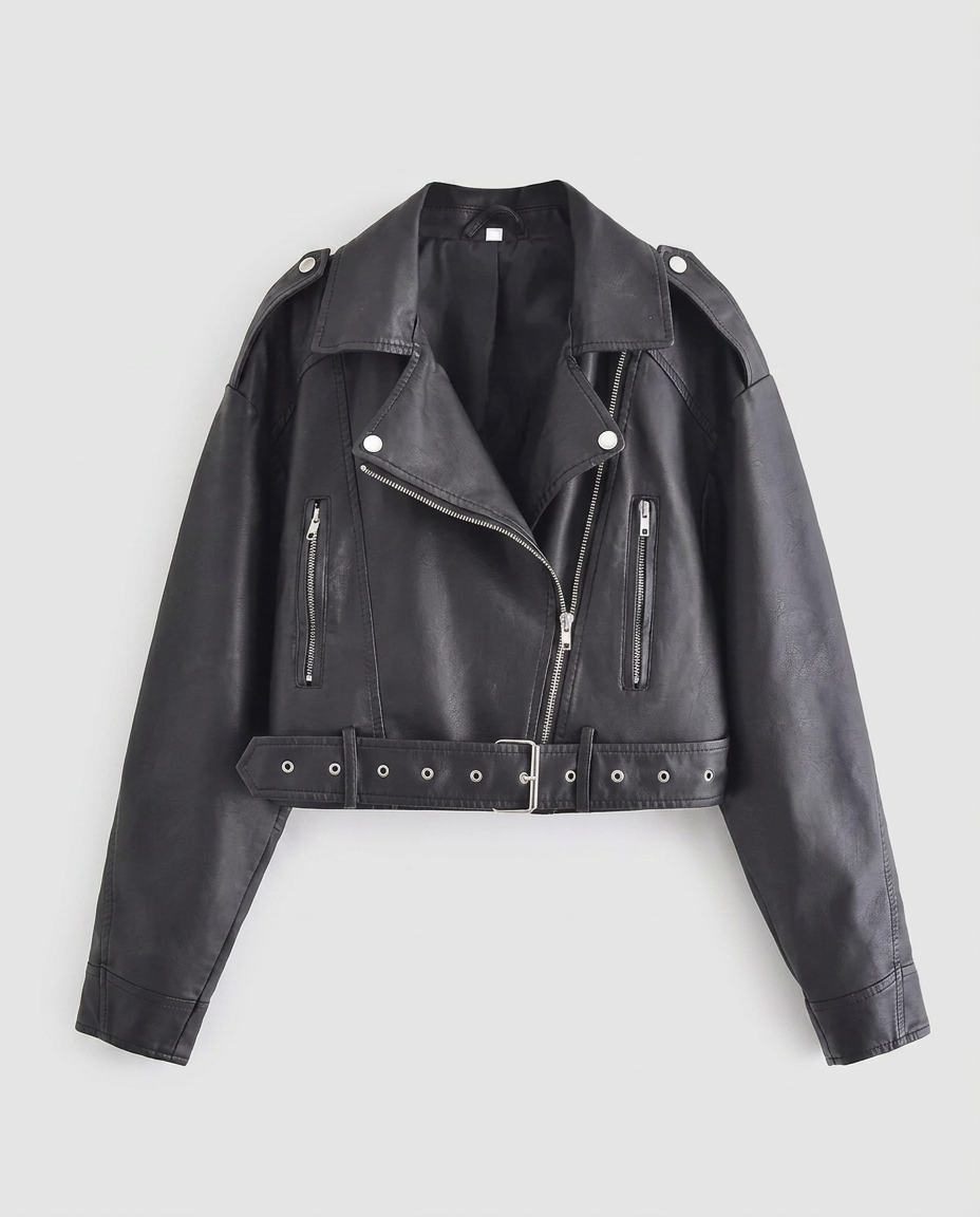 Cropped Faux Leather Biker Jacket – Women’s Black Moto Jacket