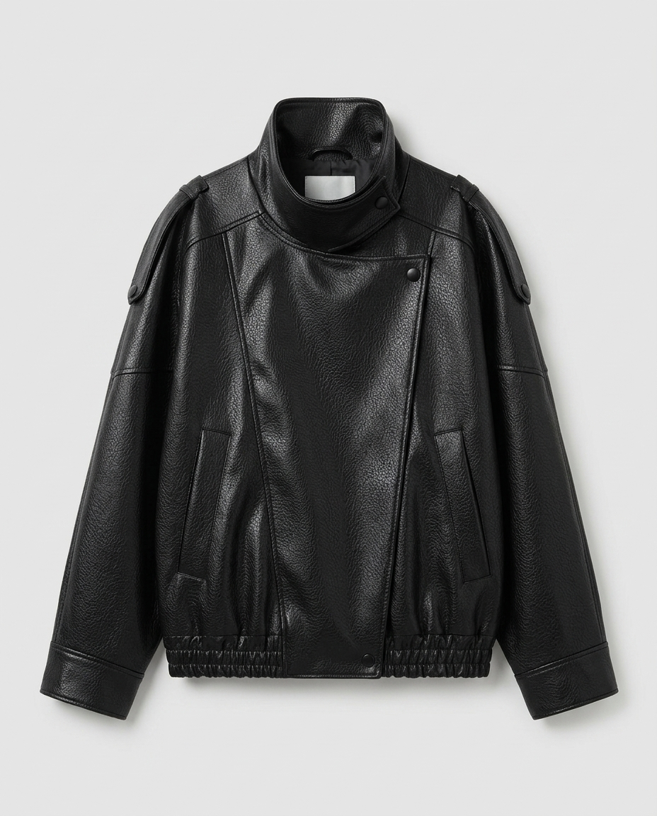 Oversized Faux Leather Biker Jacket – Women’s Stand Collar Moto Jacket