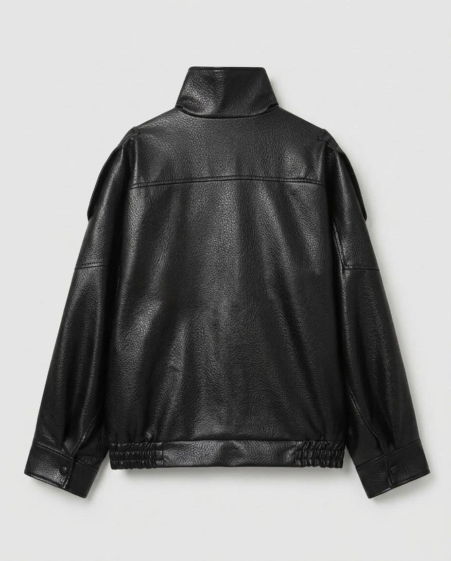 Oversized Faux Leather Biker Jacket – Women’s Stand Collar Moto Jacket