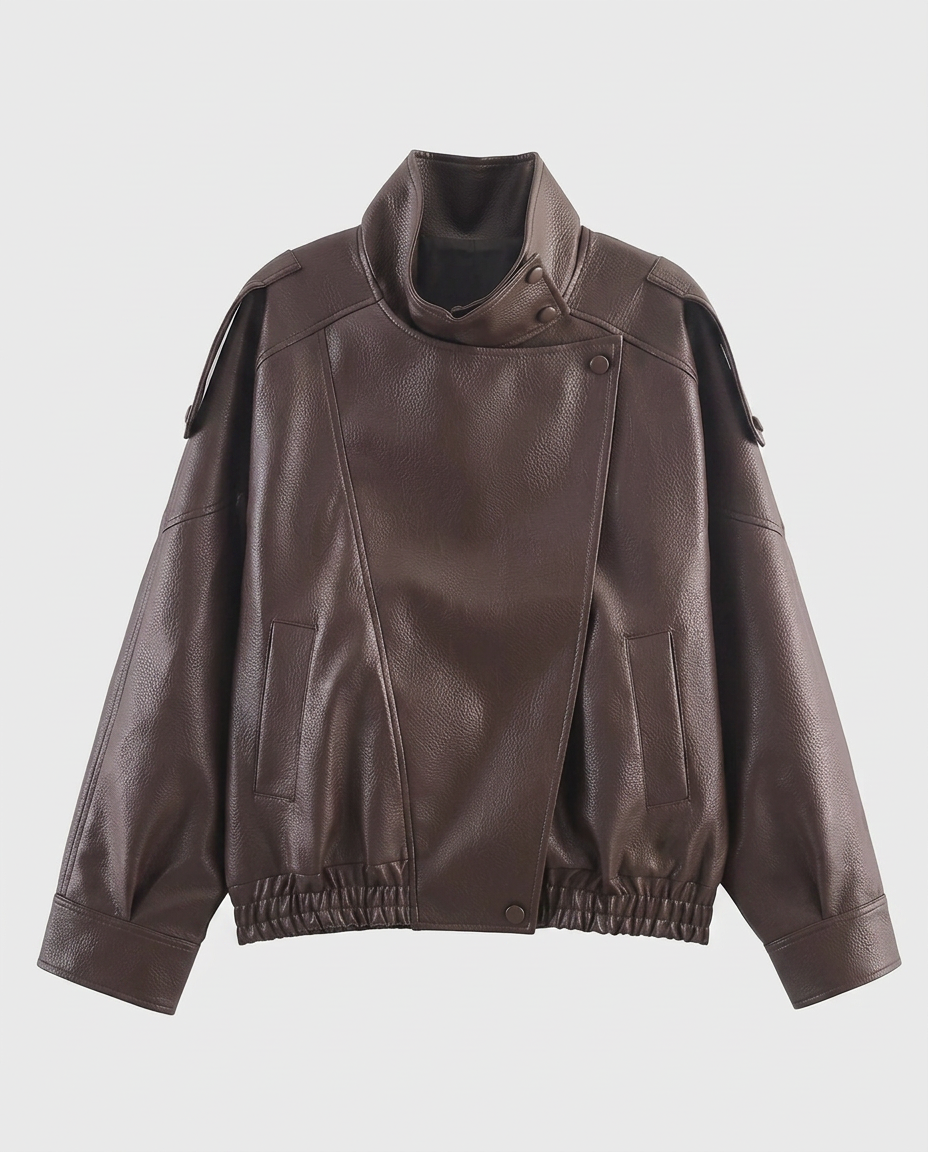 Oversized Faux Leather Biker Jacket – Women’s Stand Collar Moto Jacket