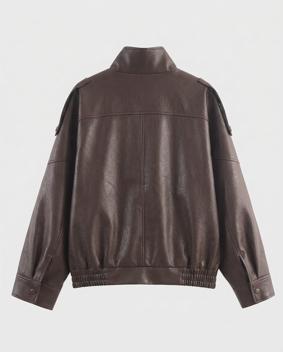 Oversized Faux Leather Biker Jacket – Women’s Stand Collar Moto Jacket