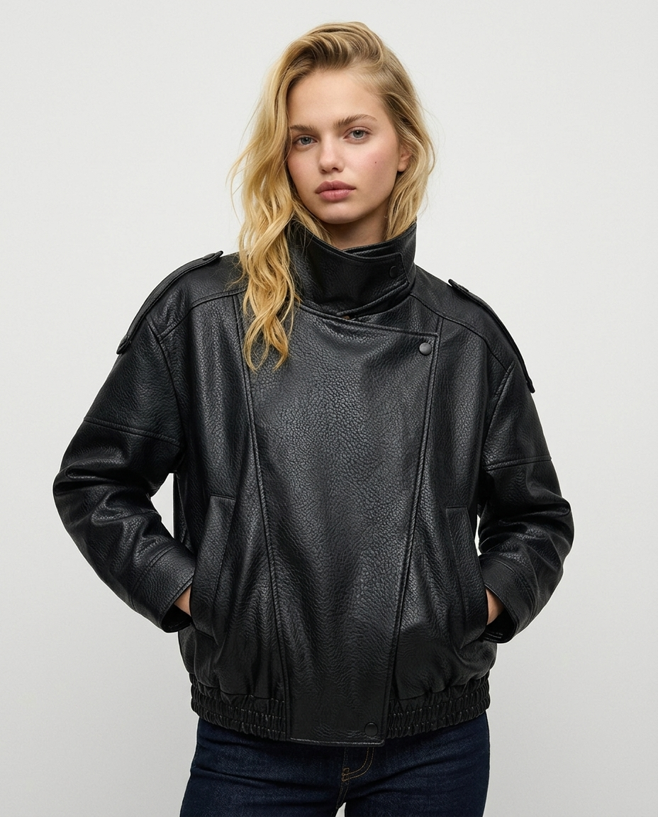 Oversized Faux Leather Biker Jacket – Women’s Stand Collar Moto Jacket