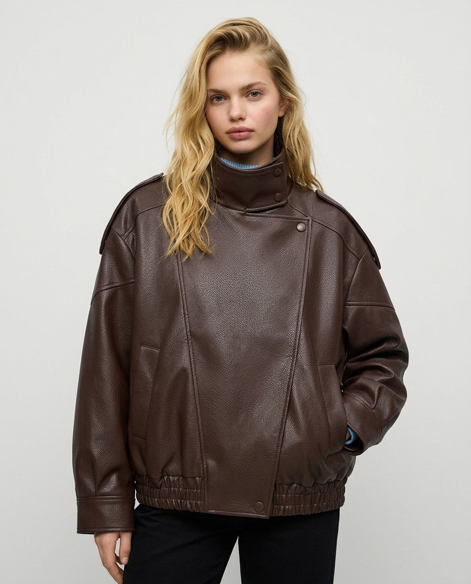 Oversized Faux Leather Biker Jacket – Women’s Stand Collar Moto Jacket