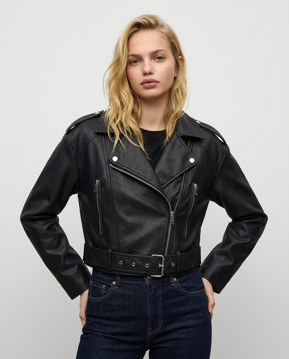 Cropped Faux Leather Biker Jacket – Women’s Black Moto Jacket