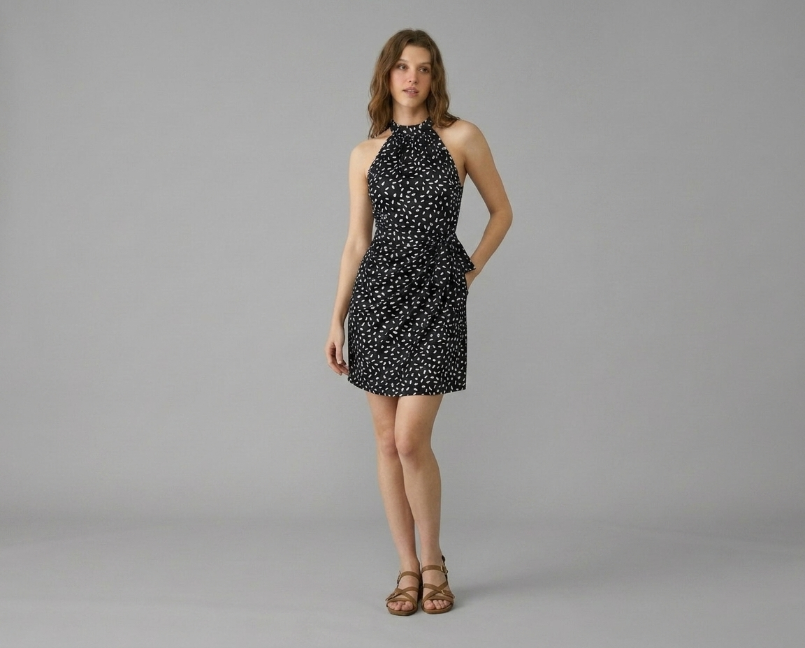 Halter Neck Printed Mini Dress – Tie Waist Summer Dress
