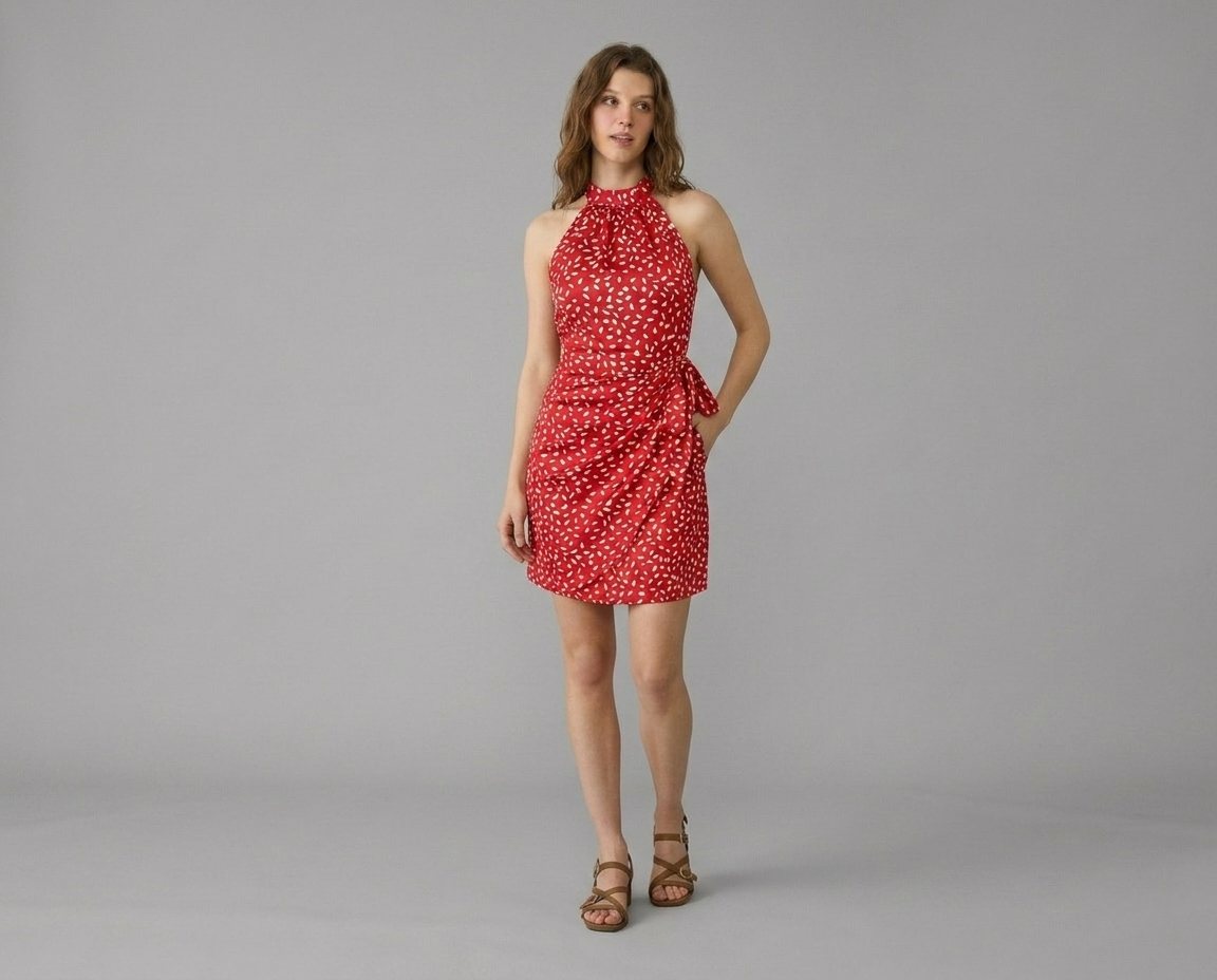 Halter Neck Printed Mini Dress – Tie Waist Summer Dress
