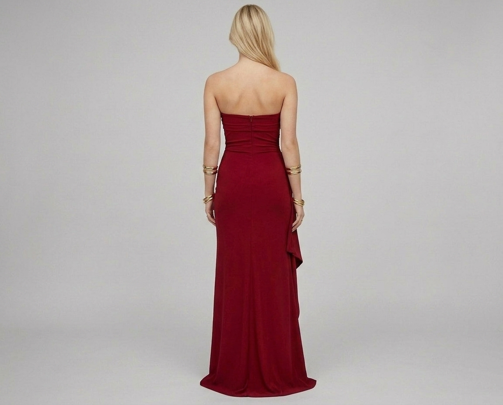 Strapless High Slit Maxi Dress – Pleated Formal Party Gown