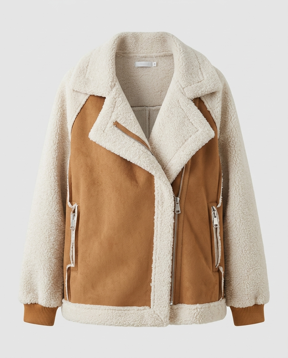 Faux Suede Shearling Jacket – Cropped Women’s Brown Aviator Coat