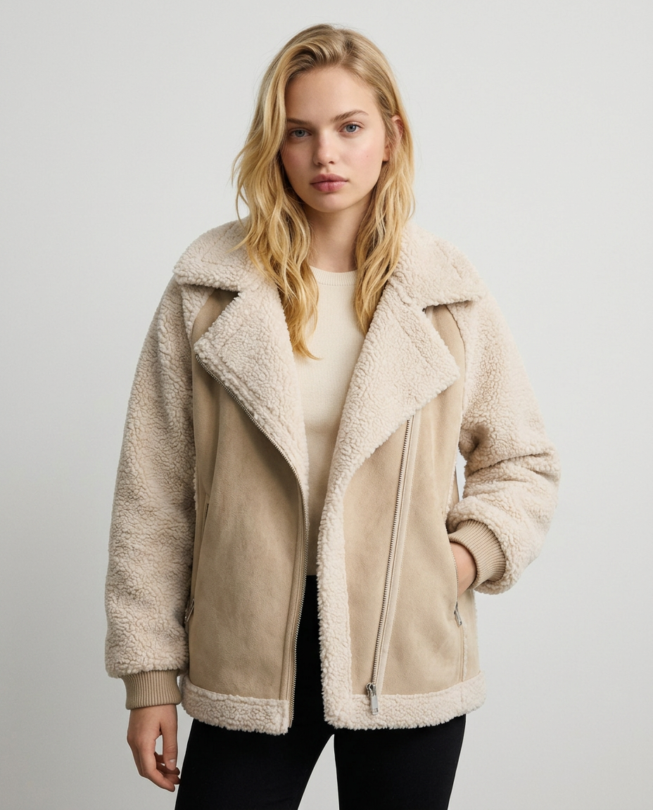 Faux Suede Shearling Jacket – Cropped Women’s Brown Aviator Coat