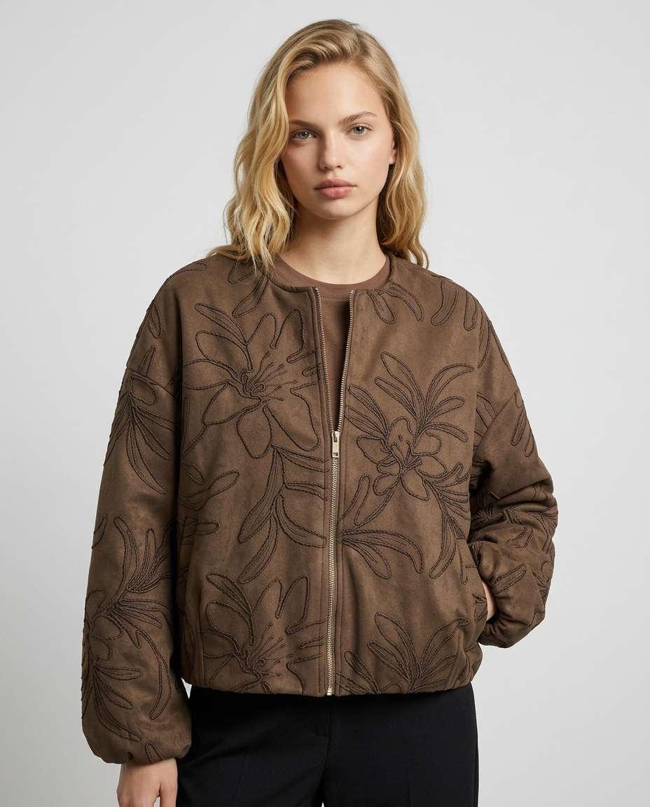 Embroidered Faux Suede Bomber Jacket – Women’s Cropped Pilot Jacket