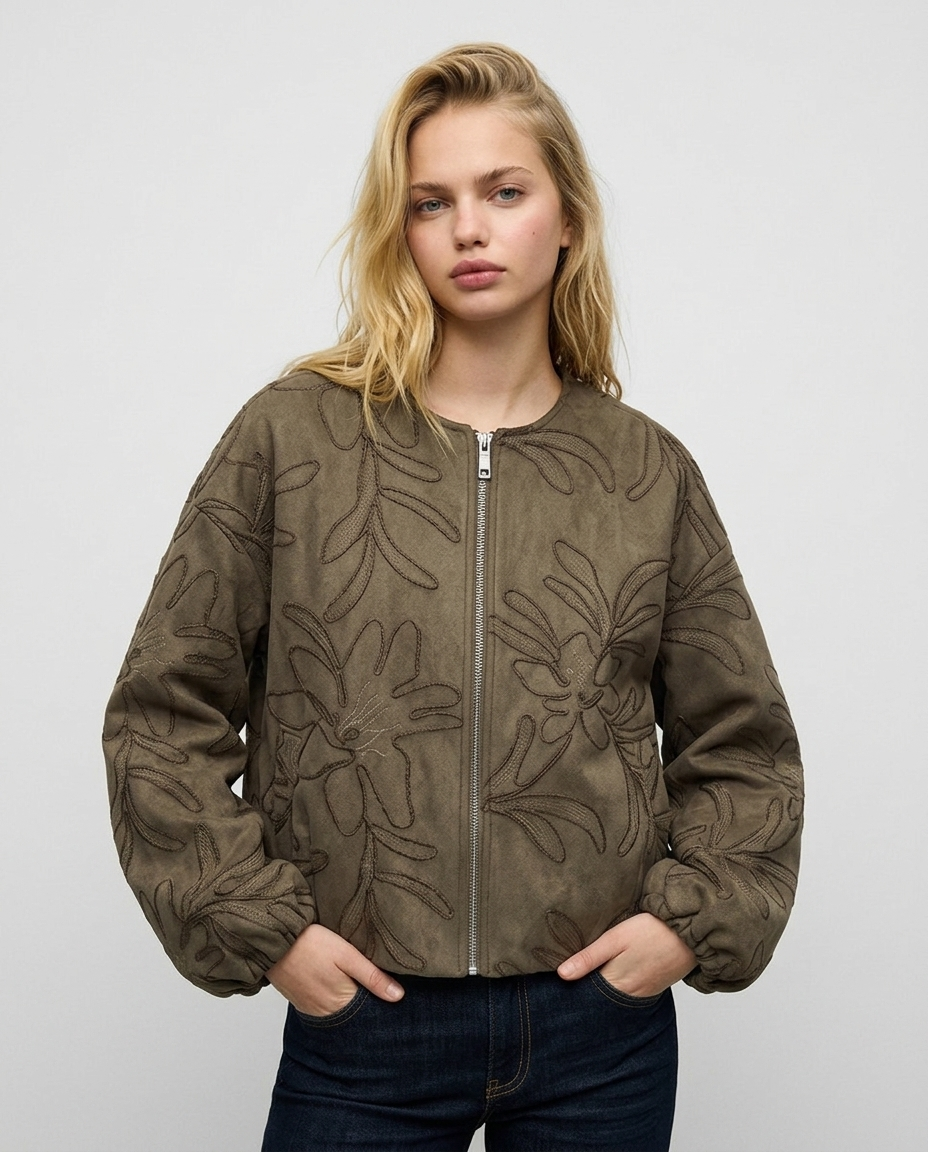 Embroidered Faux Suede Bomber Jacket – Women’s Cropped Pilot Jacket