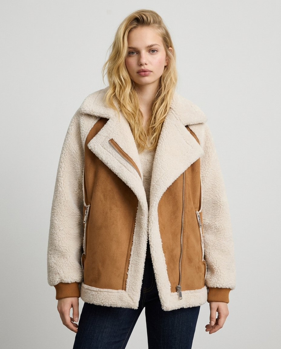 Faux Suede Shearling Jacket – Cropped Women’s Brown Aviator Coat