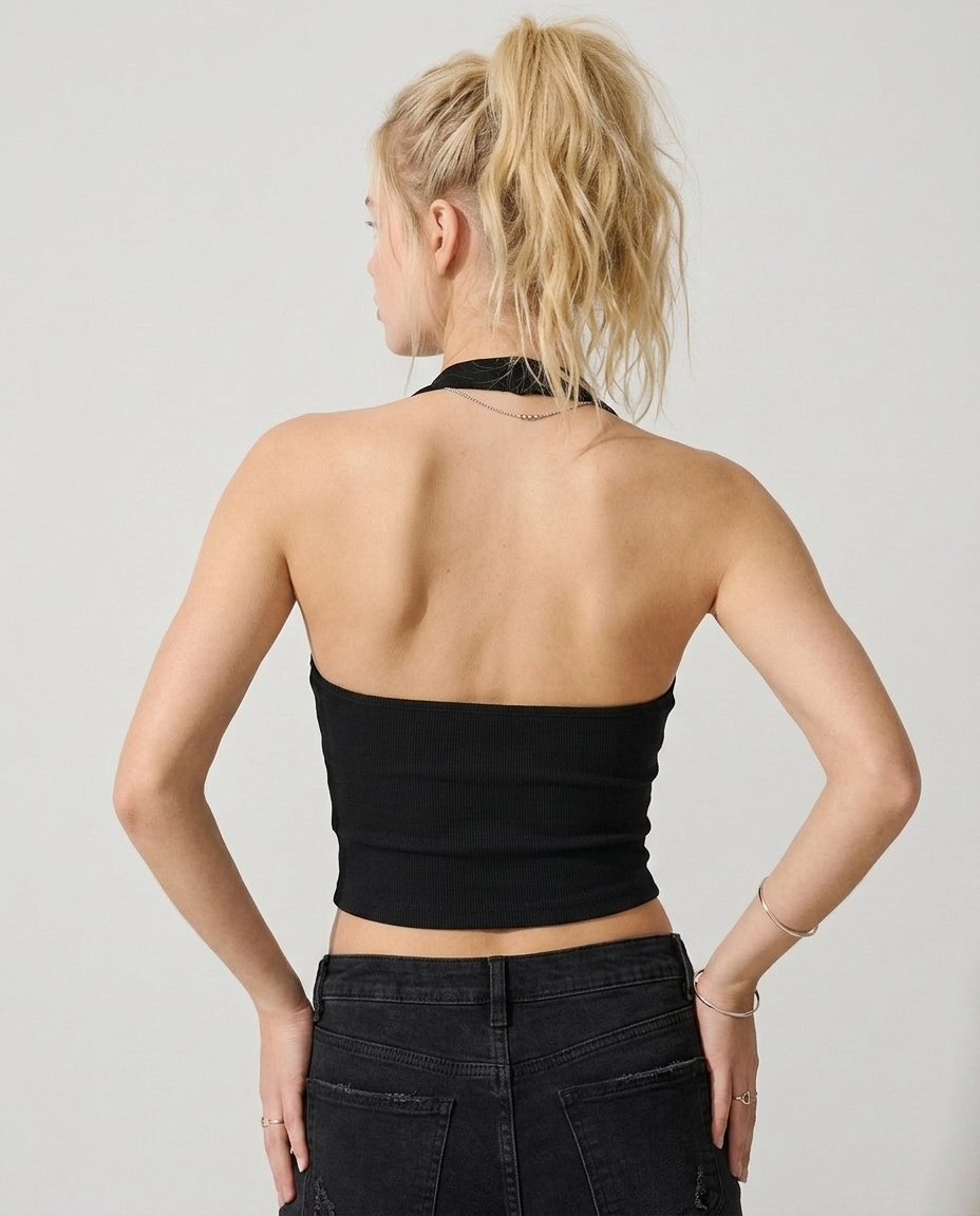 Ribbed Halter Crop Top – Women’s Slim Fit Open Back Cami